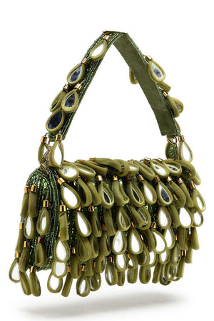 Olive Green Embellished Material Clutch