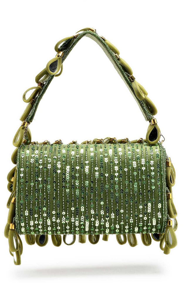 Olive Green Embellished Material Clutch