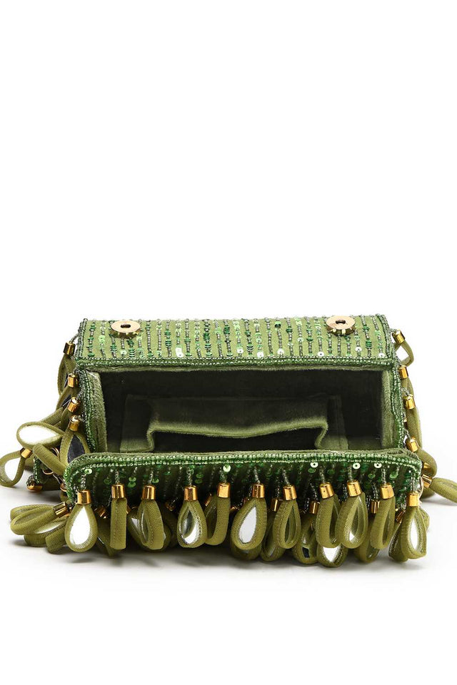 Olive Green Embellished Material Clutch