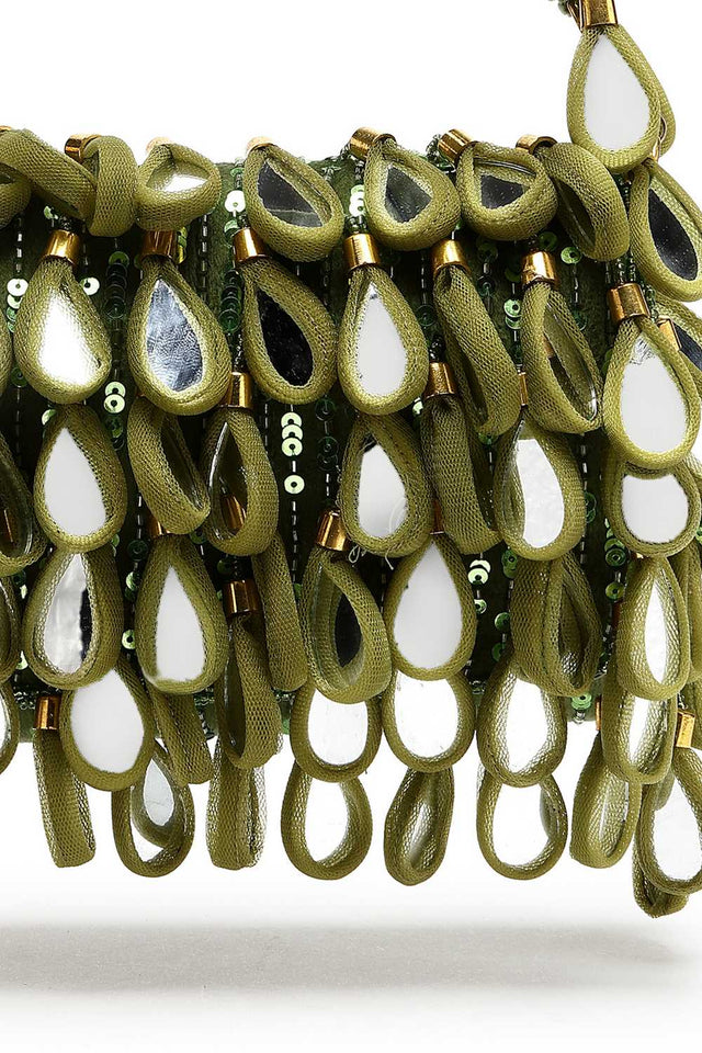 Olive Green Embellished Material Clutch