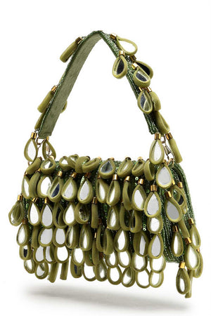 Olive Green Embellished Material Clutch