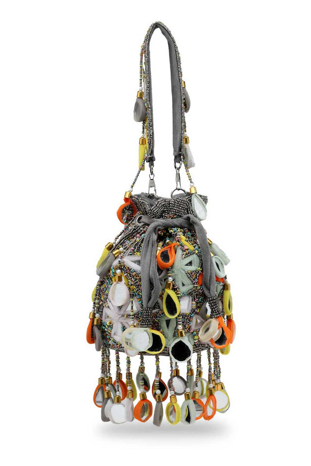 Grey Embellished Material Potli