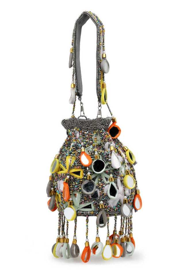 Grey Embellished Material Potli