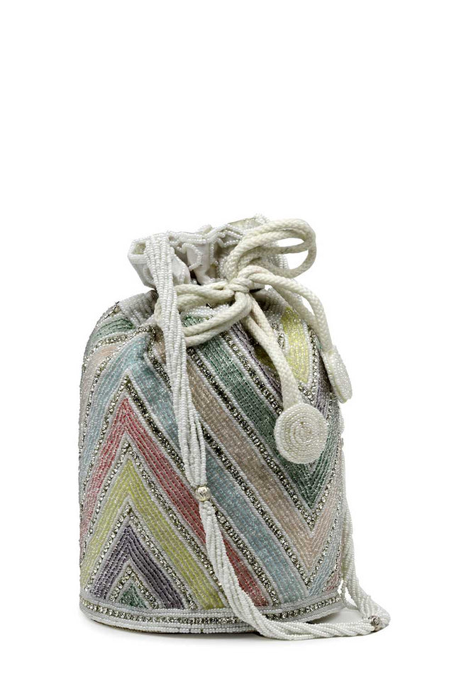 White Embellished Faux Silk Potli