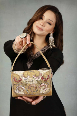 Gold Embellished Premium Faux Suede Clutch