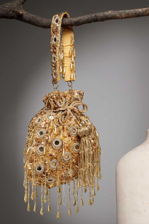 Yellow Embellished Faux Silk Potli