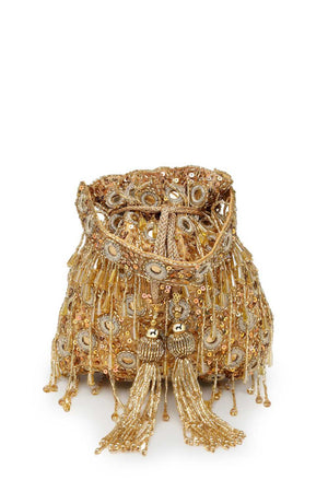 Yellow Embellished Faux Silk Potli