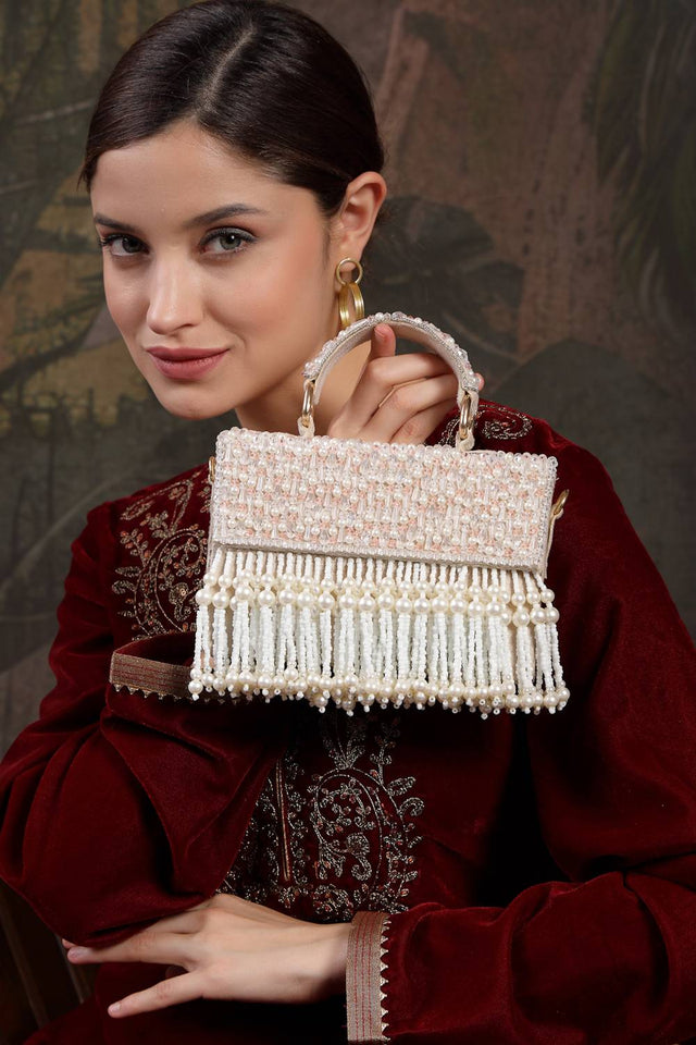 Multi Color Beads Embossed Suede Clutch