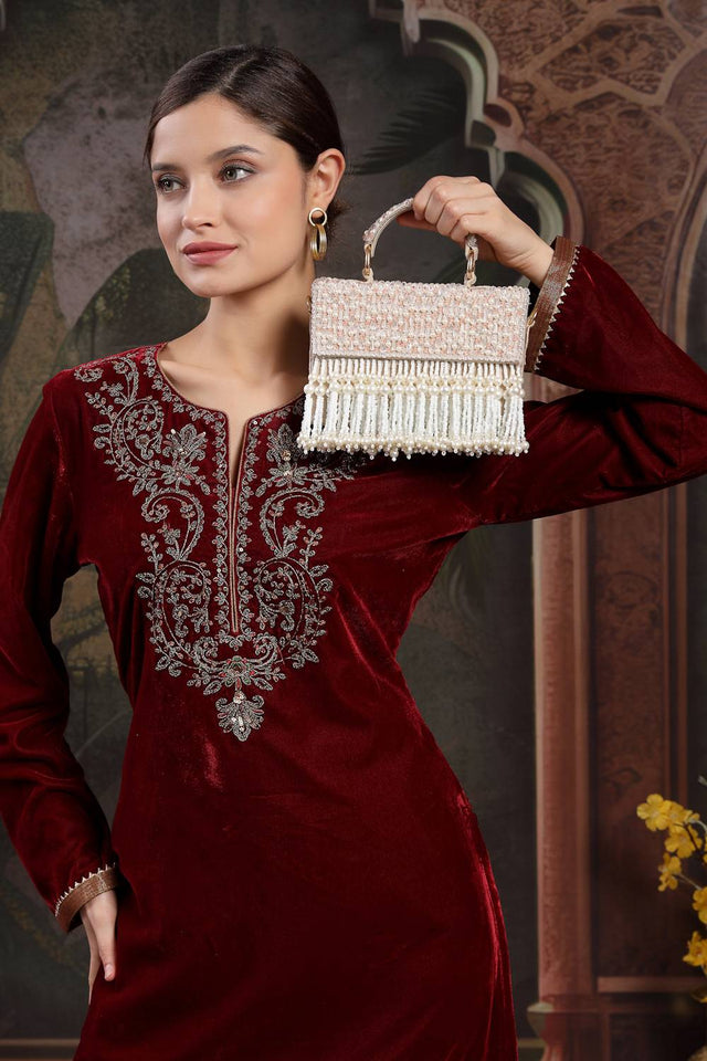 Multi Color Beads Embossed Suede Clutch