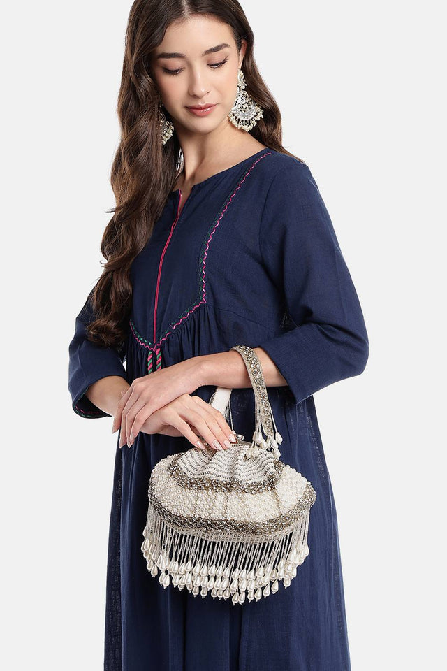 White Pearl Embellished Velvet Clutch