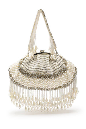 White Pearl Embellished Velvet Clutch