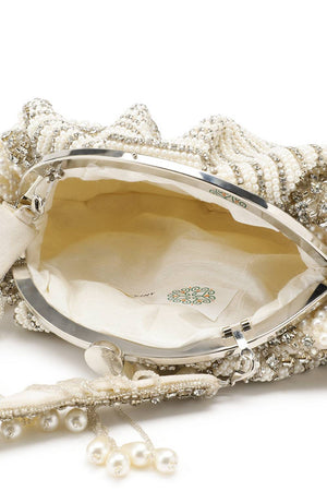 White Pearl Embellished Velvet Clutch