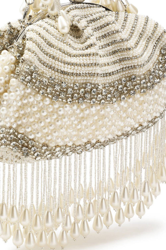 White Pearl Embellished Velvet Clutch