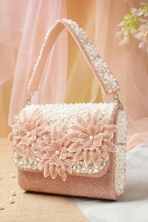 Pink Floral Cutwork Embellished Velvet Clutch