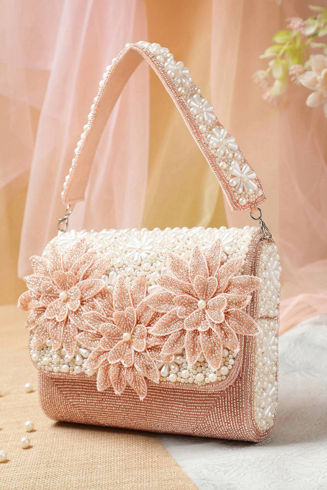 Pink Floral Cutwork Embellished Velvet Clutch