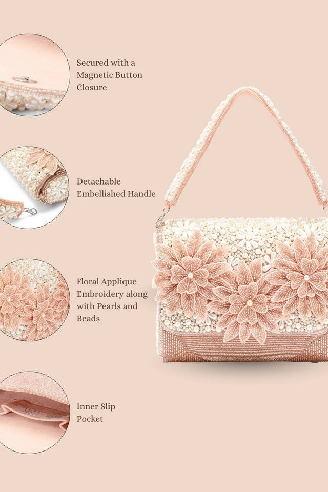 Pink Floral Cutwork Embellished Velvet Clutch