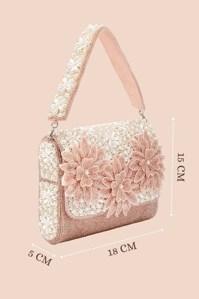 Pink Floral Cutwork Embellished Velvet Clutch