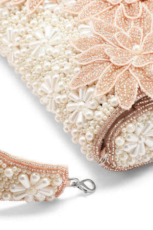 Pink Floral Cutwork Embellished Velvet Clutch