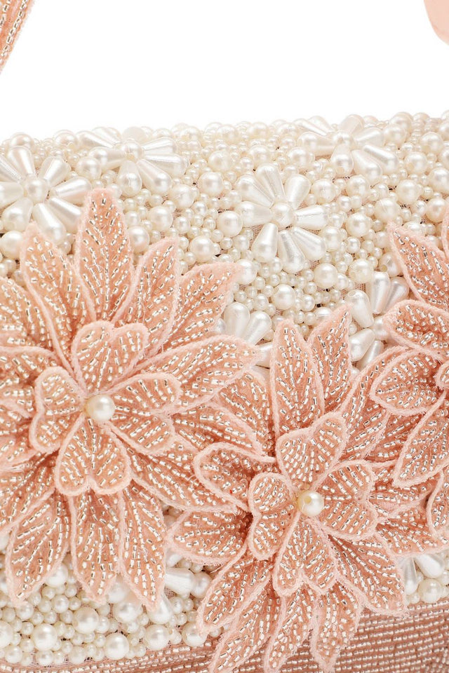 Pink Floral Cutwork Embellished Velvet Clutch