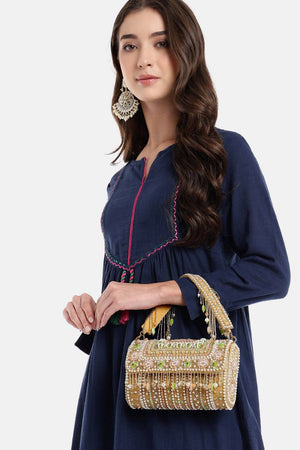 Beige Accent Beads Embellished Velvet Clutch