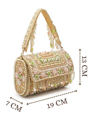 Beige Accent Beads Embellished Velvet Clutch