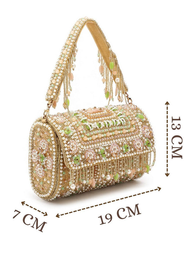 Beige Accent Beads Embellished Velvet Clutch