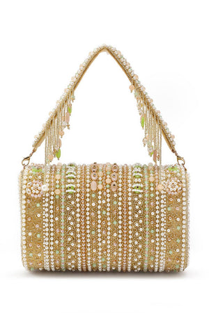 Beige Accent Beads Embellished Velvet Clutch