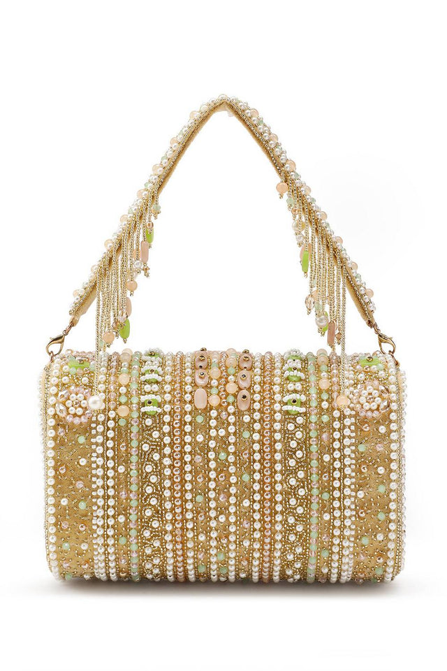 Beige Accent Beads Embellished Velvet Clutch