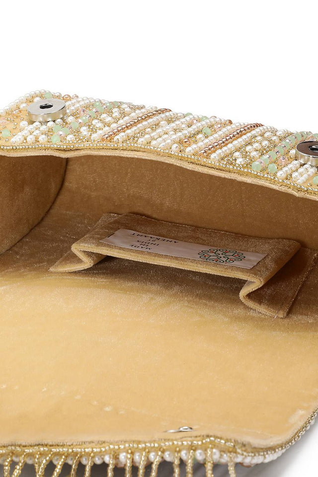 Beige Accent Beads Embellished Velvet Clutch