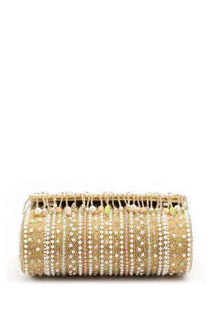 Beige Accent Beads Embellished Velvet Clutch