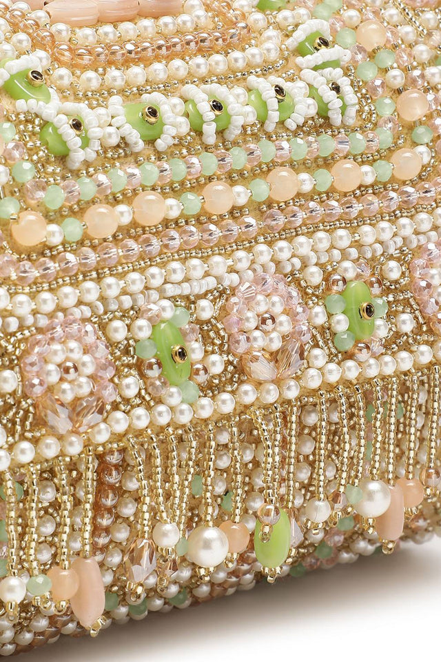 Beige Accent Beads Embellished Velvet Clutch