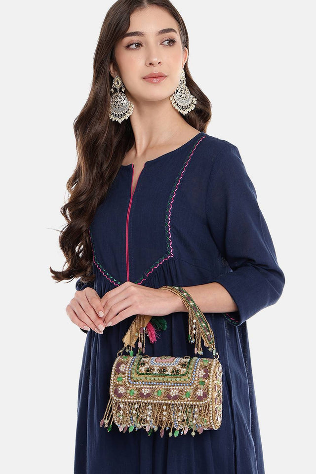 Gold Accent Beads Embellished Velvet Clutch