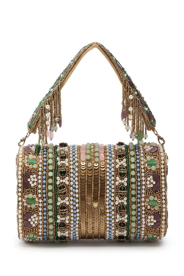 Gold Accent Beads Embellished Velvet Clutch