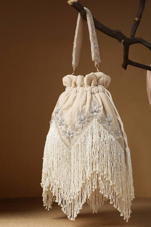 Cream Floral Zari Embroidered Velvet Potli