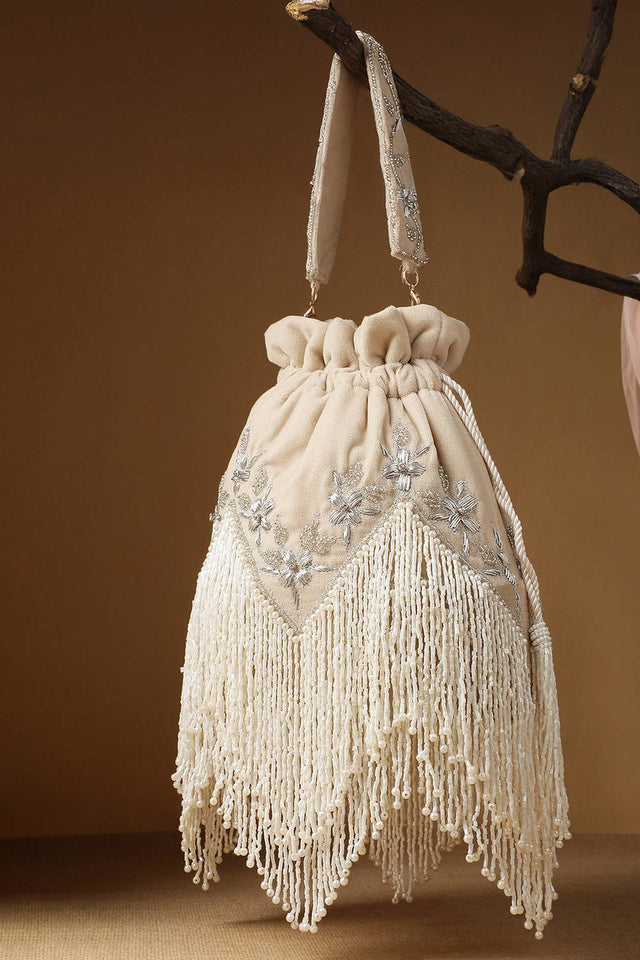 Cream Floral Zari Embroidered Velvet Potli