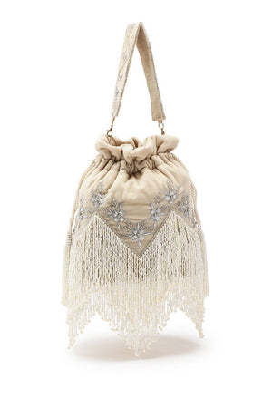 Cream Floral Zari Embroidered Velvet Potli