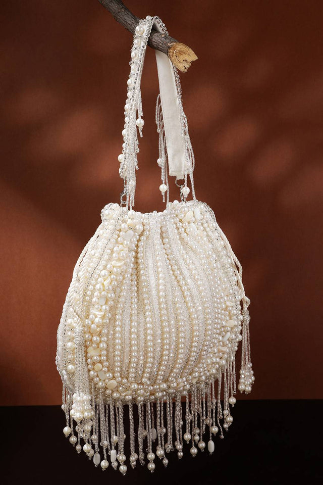 White Pearl Beaded Silk Potli