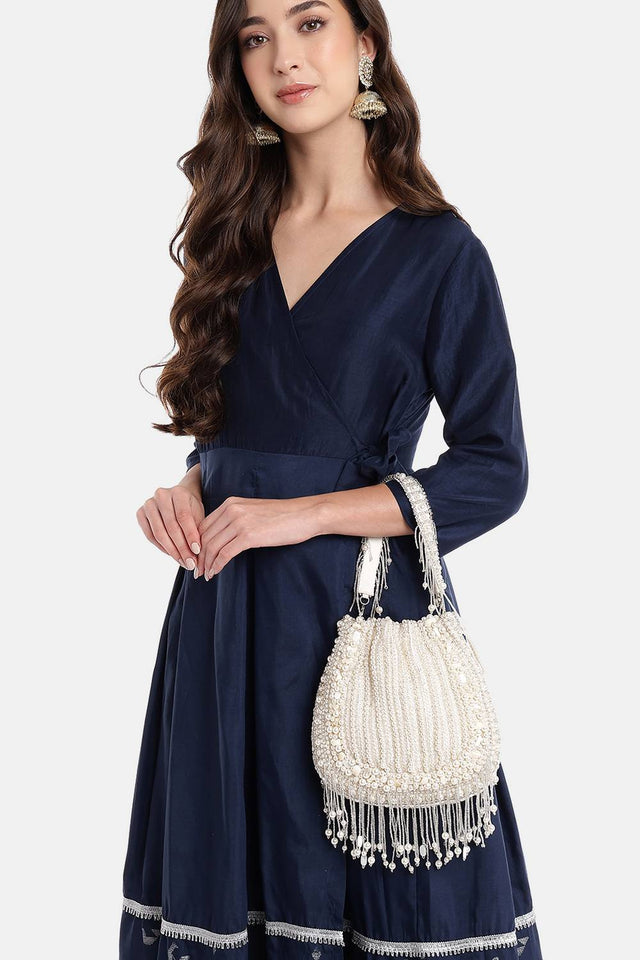 White Pearl Beaded Silk Potli