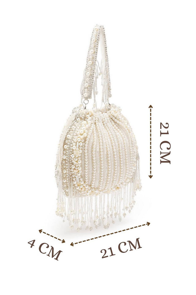 White Pearl Beaded Silk Potli