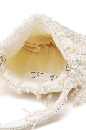 White Pearl Beaded Silk Potli