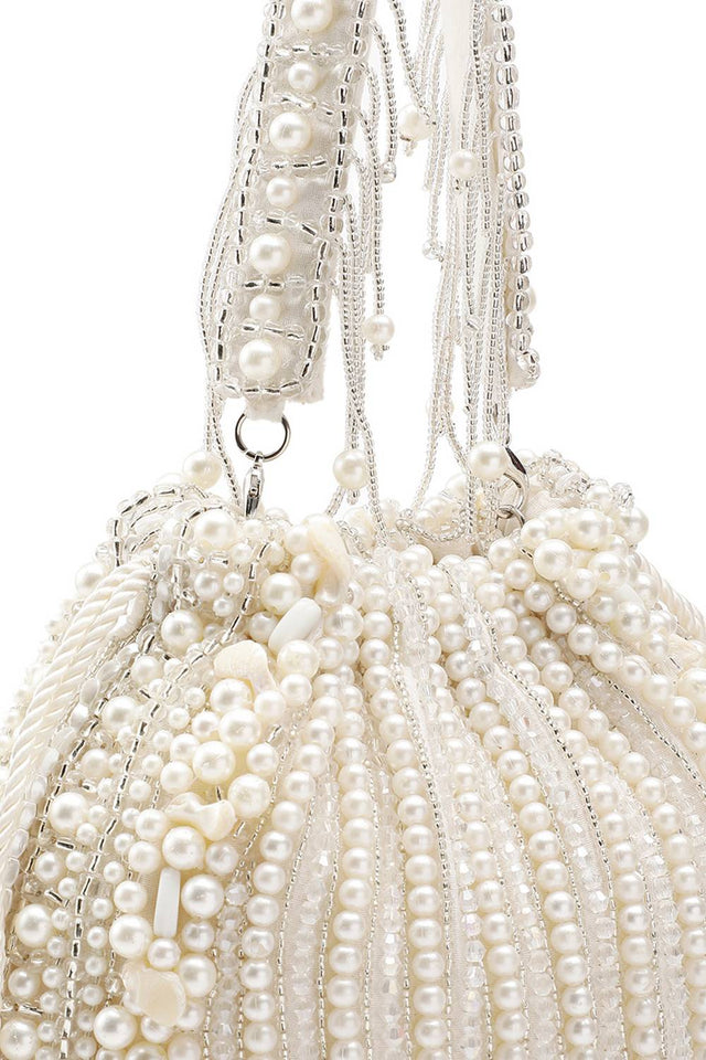 White Pearl Beaded Silk Potli