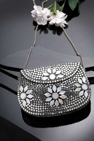 Silver Embellished Metal Clutch