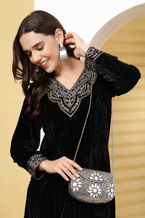 Silver Embellished Metal Clutch