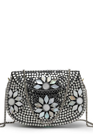 Silver Embellished Metal Clutch