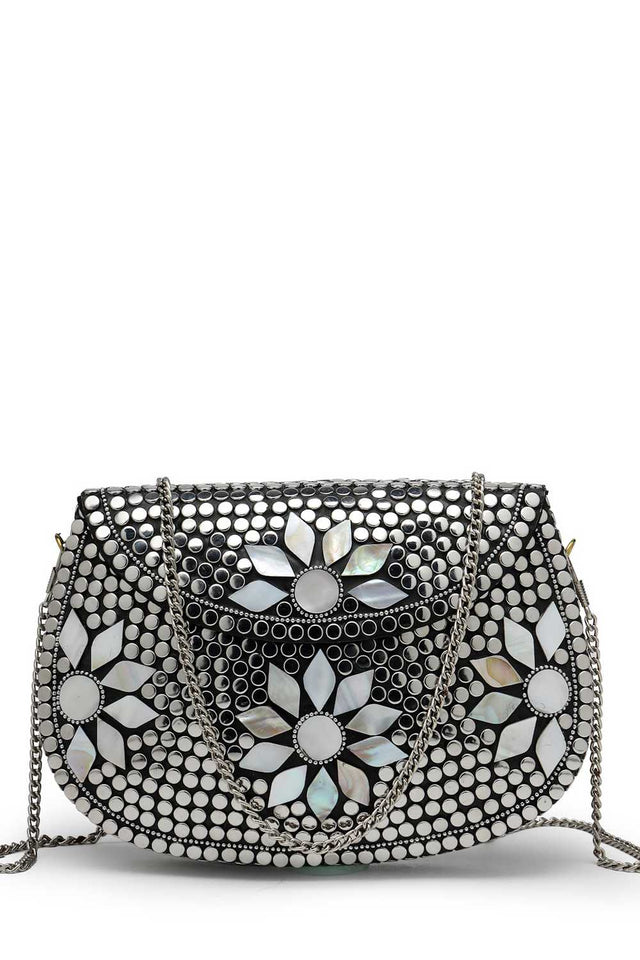 Silver Embellished Metal Clutch