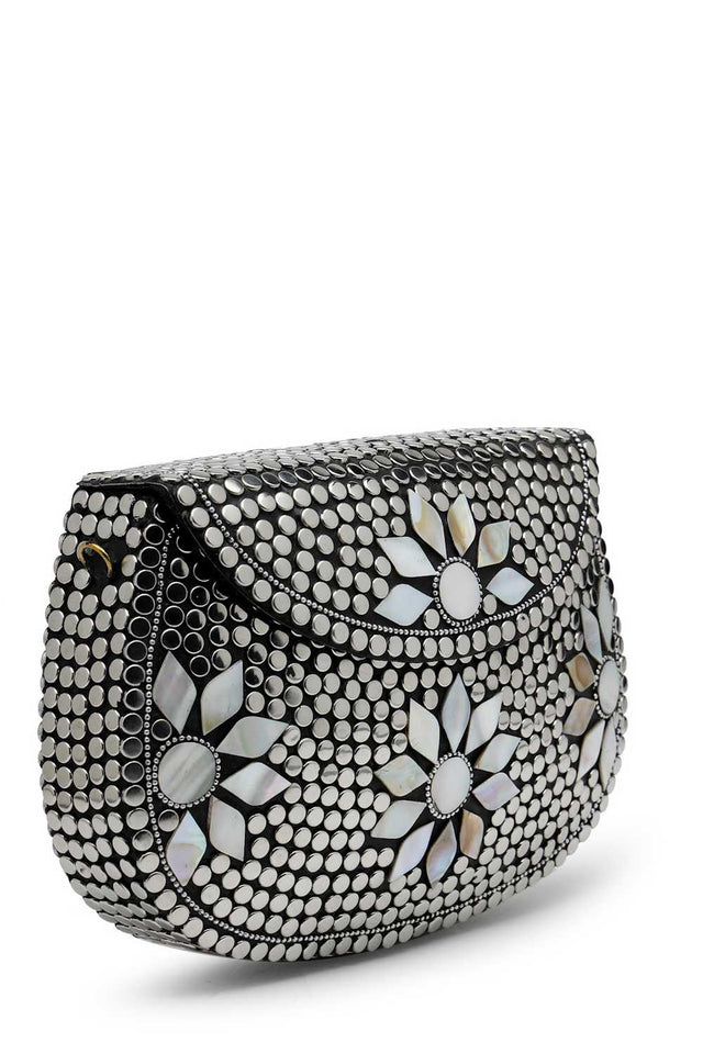 Silver Embellished Metal Clutch