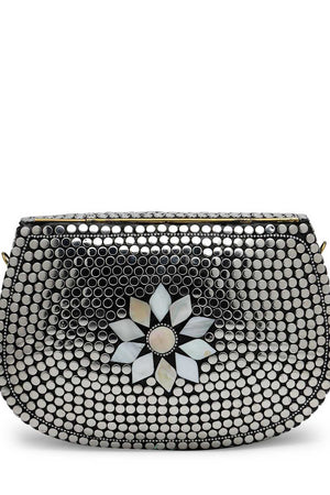 Silver Embellished Metal Clutch