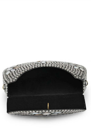 Silver Embellished Metal Clutch