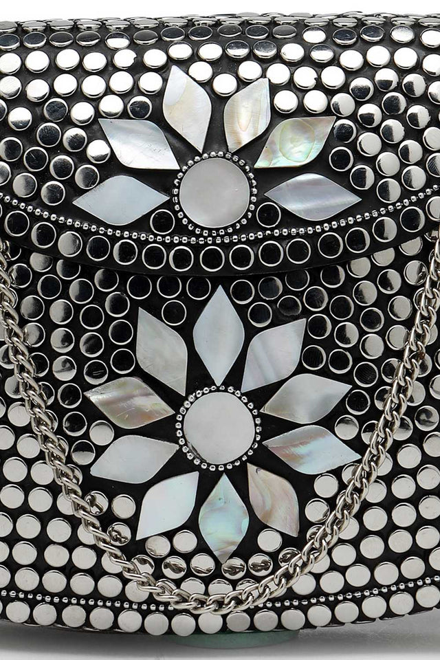 Silver Embellished Metal Clutch