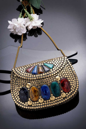 Gold Embellished Metal Clutch